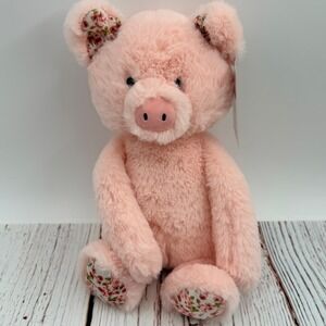 Linzy Toys Luxe Pals Pink Pig Plush Floral Ears Paws Shaggy Soft Toy 10" NEW